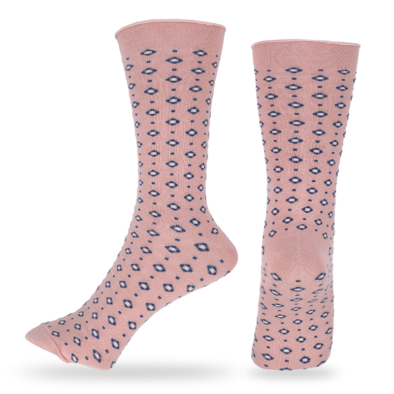 Ladies fashion crew roll up loose welt dress socks with small designs and pin-stripes